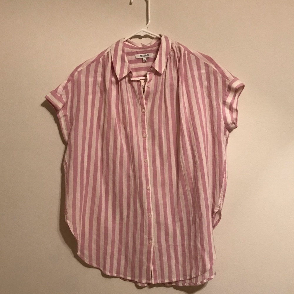 Madewell Pink and White Striped Button-Front Short-Sleeve Blouse